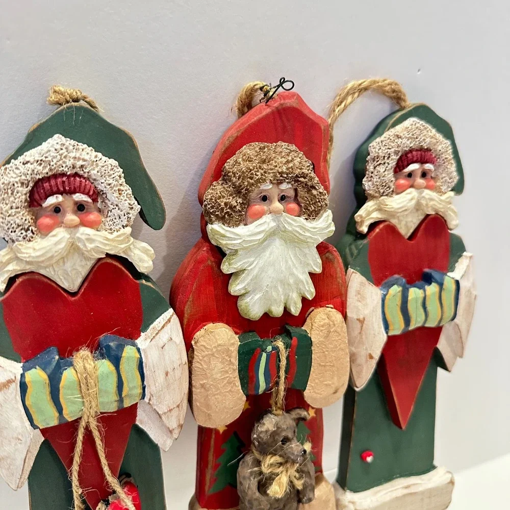 Kurt S Adler Wood Santa Ornaments Set 3 Folk Art Red Green Heart Bear KSA‎ Inc